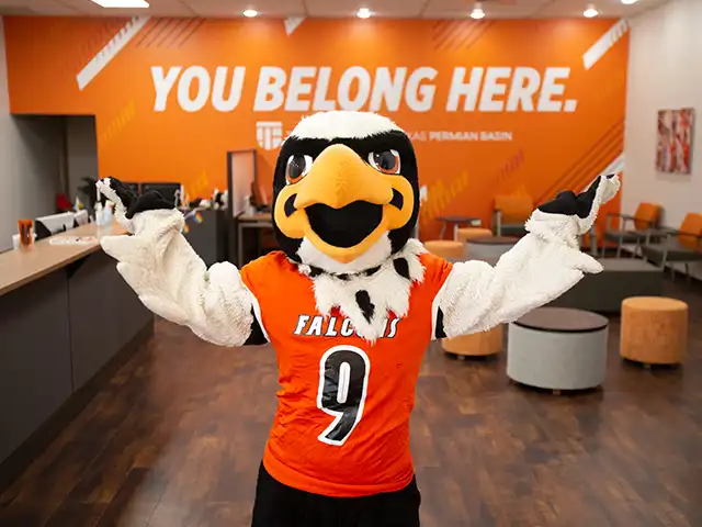 Photo of Freddy the Falcon mascot at the Welcome Center.