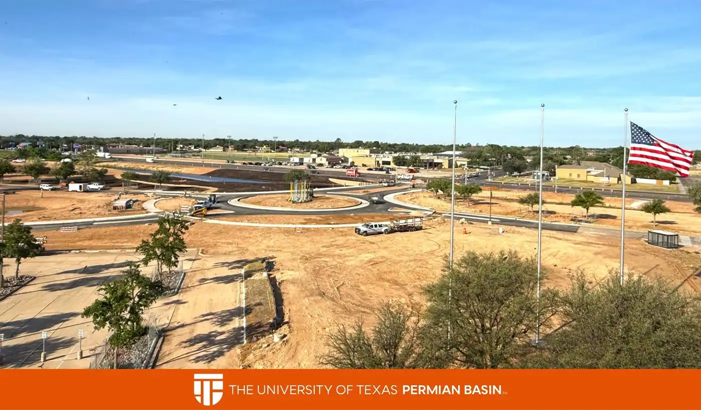 Construction progress at the UTPB Maple Entrance featuring the new roundabout, roadways, and campus entry improvements.