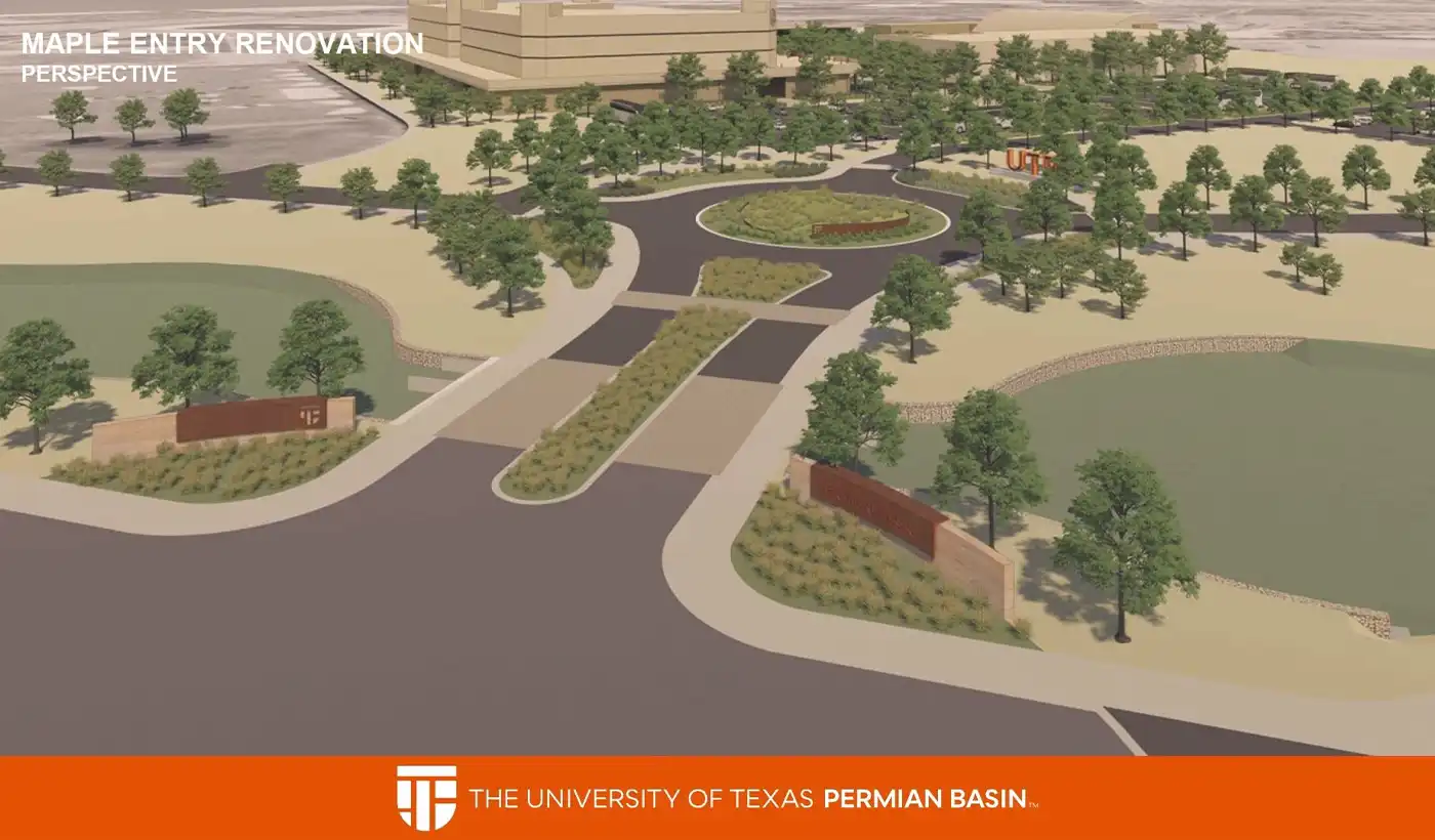 Architectural rendering of the completed Maple Entrance renovation at UTPB with landscaped roadways and monument signage.