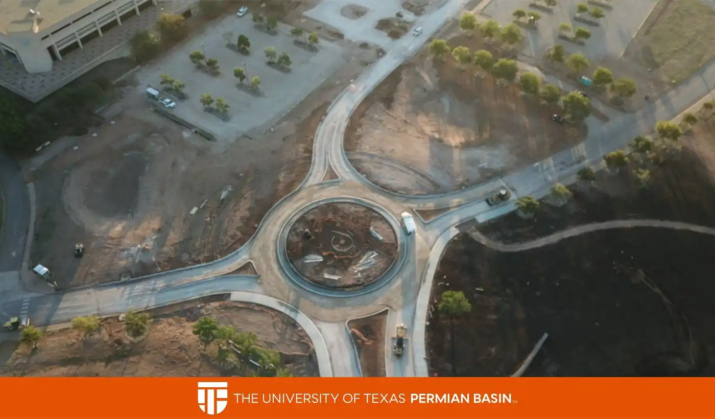 Aerial view of the new roundabout and roadway construction at UTPB’s Maple Entrance during campus improvements.