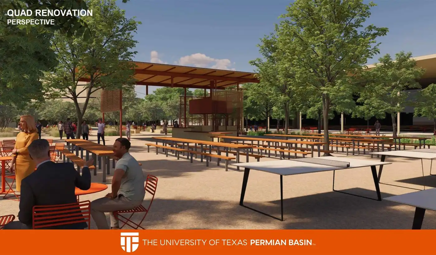 Rendering of the renovated UTPB Quad with outdoor seating, event spaces, and a covered pavilion for student gatherings.