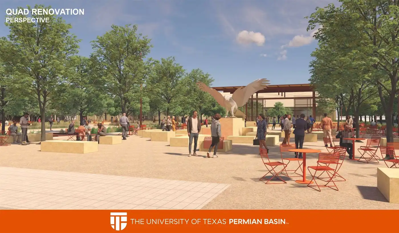 Rendering of the renovated UTPB Quad showing open gathering spaces, landscaping, and the Falcon statue plaza area.