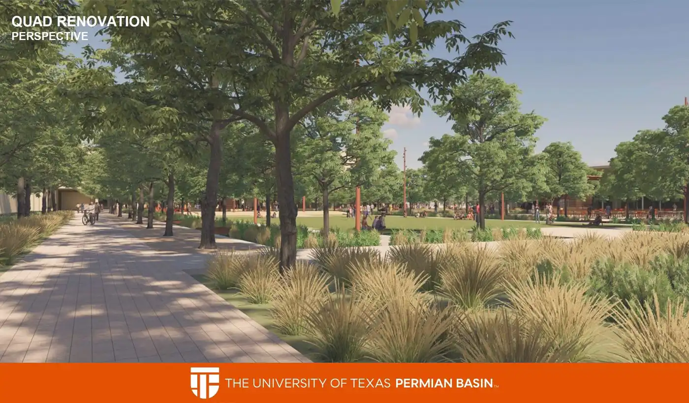 Architectural rendering of the renovated UTPB Quad featuring landscaped walkways, gathering spaces, and shaded seating areas.