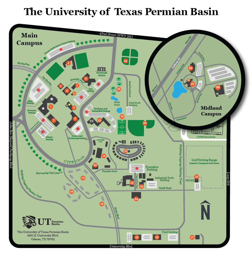 2d flat map image of UTPB campus - accessible pdf link on page