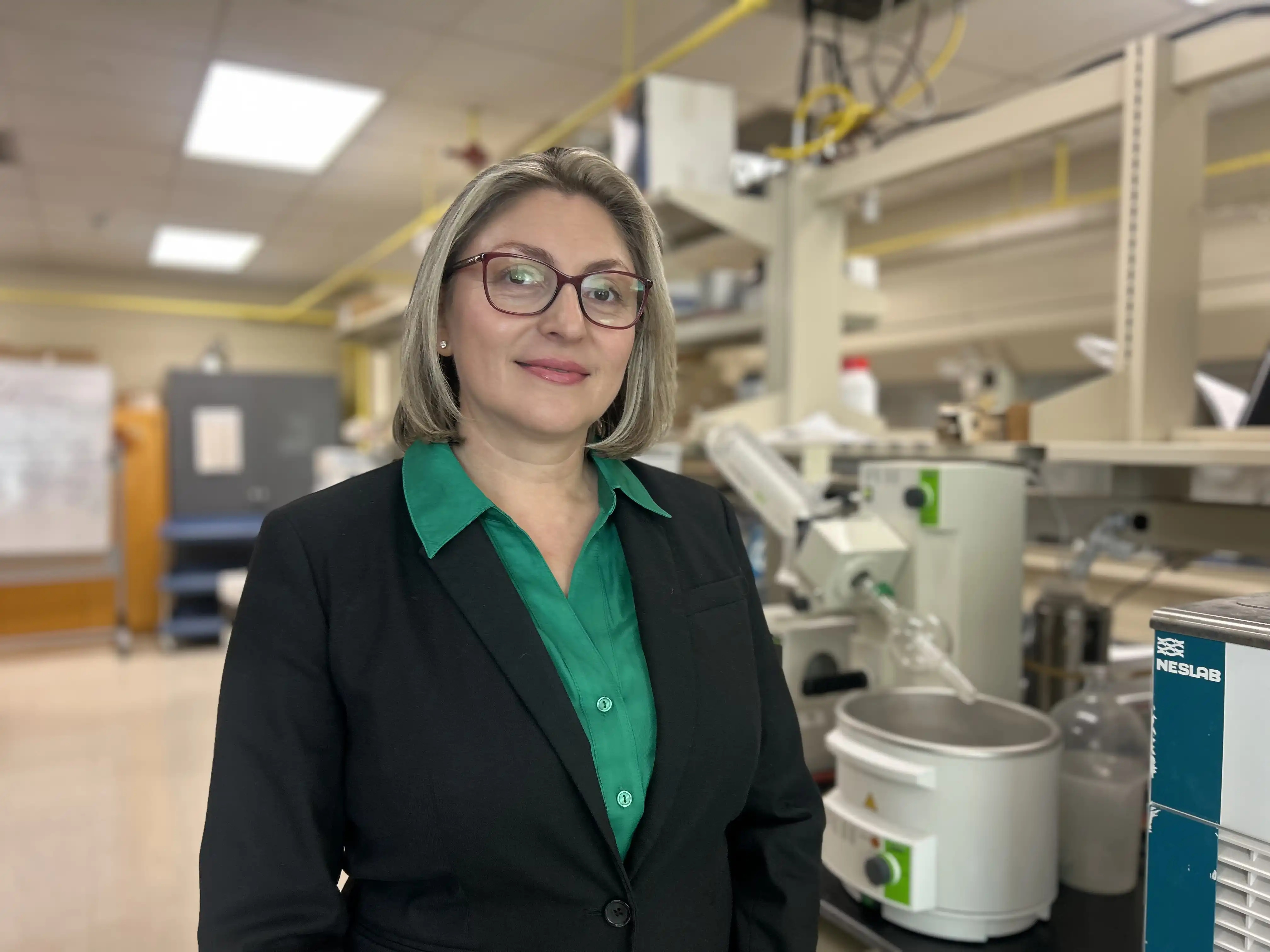 UTPB's Milka Montes standing in a lab on campus. 