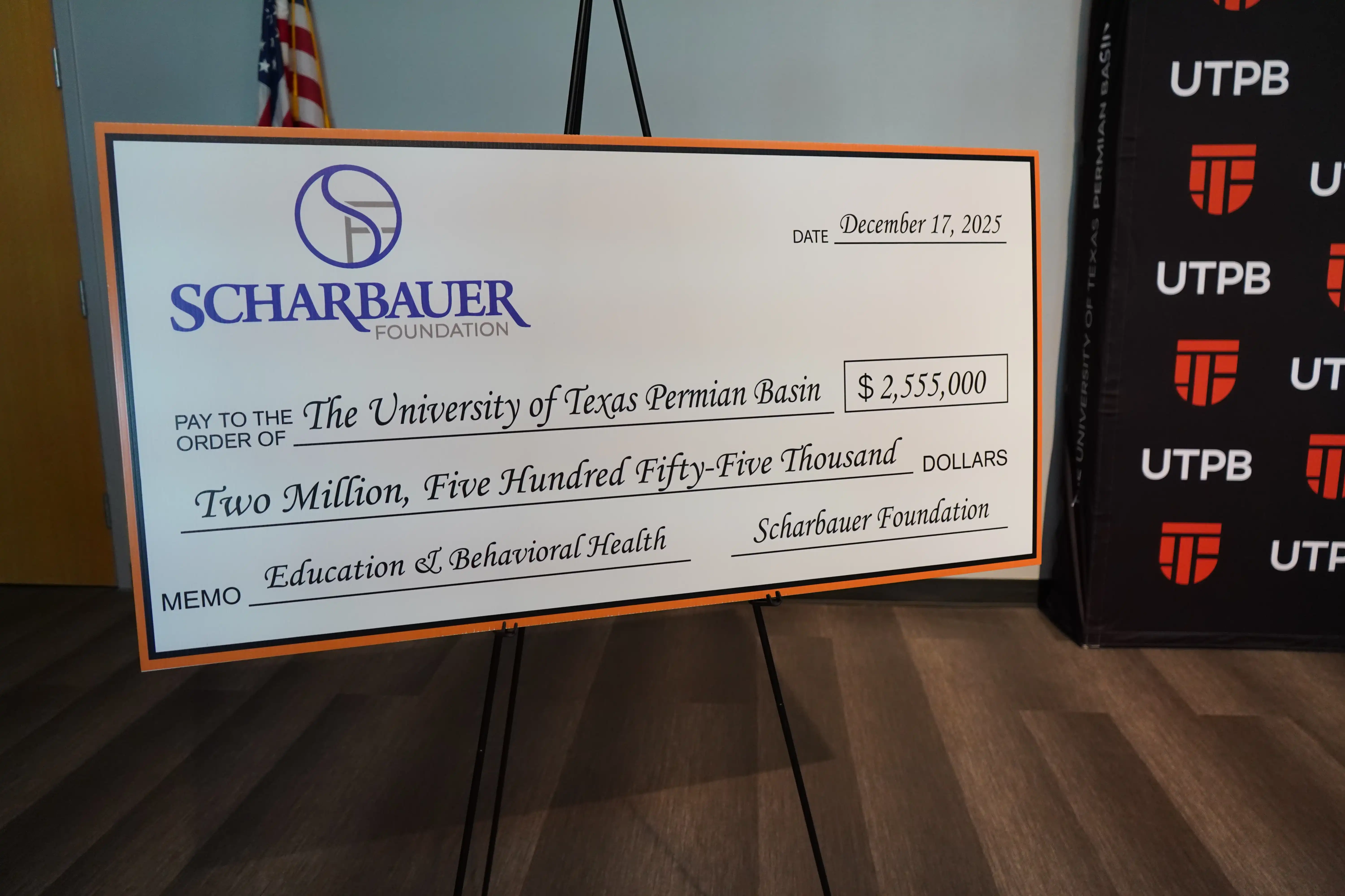 Scharbauer Foundation's check to UTPB. 