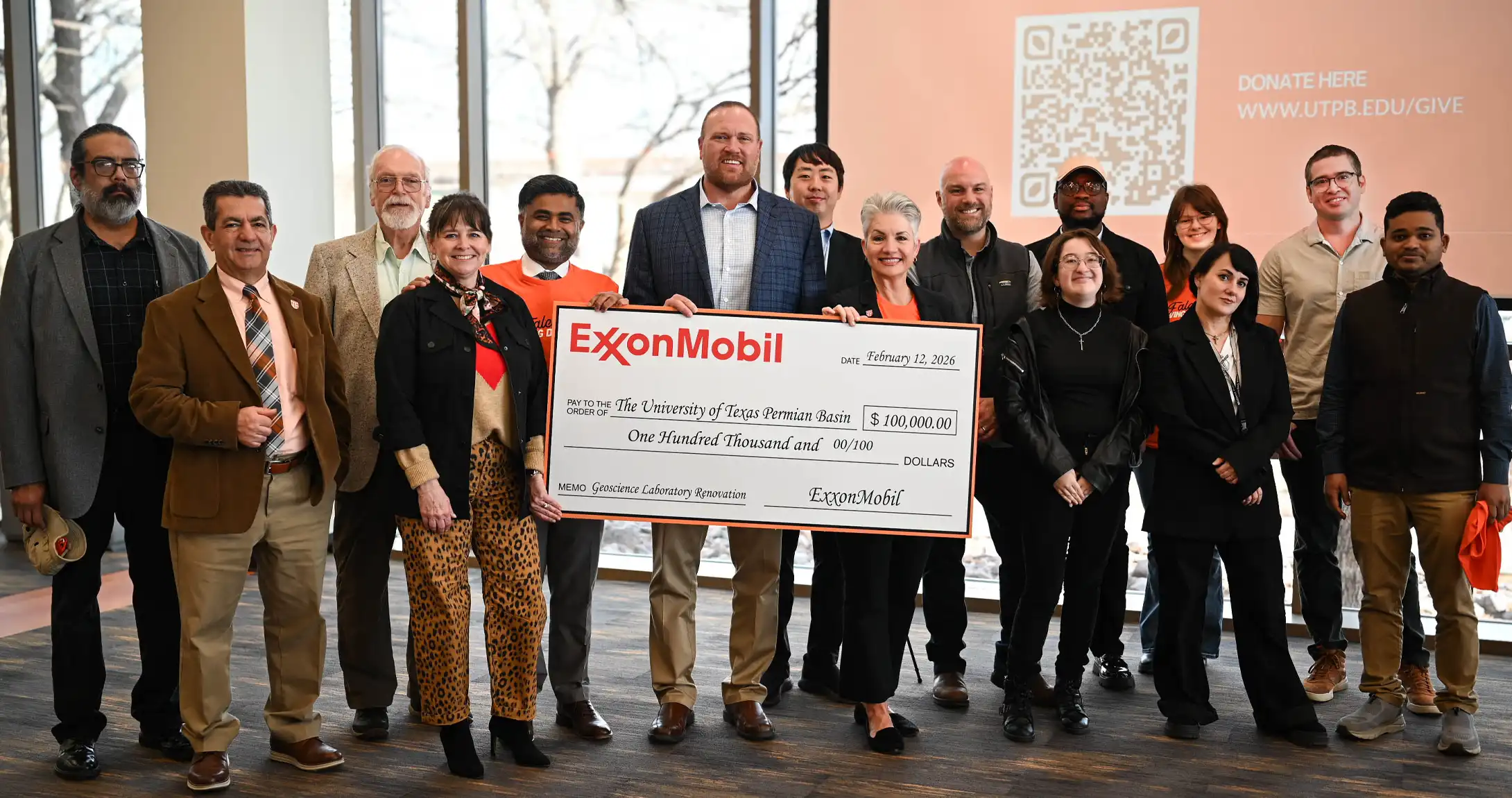 ExxonMobil presenting a check at UTPB's 2026 Falcon Giving Day.