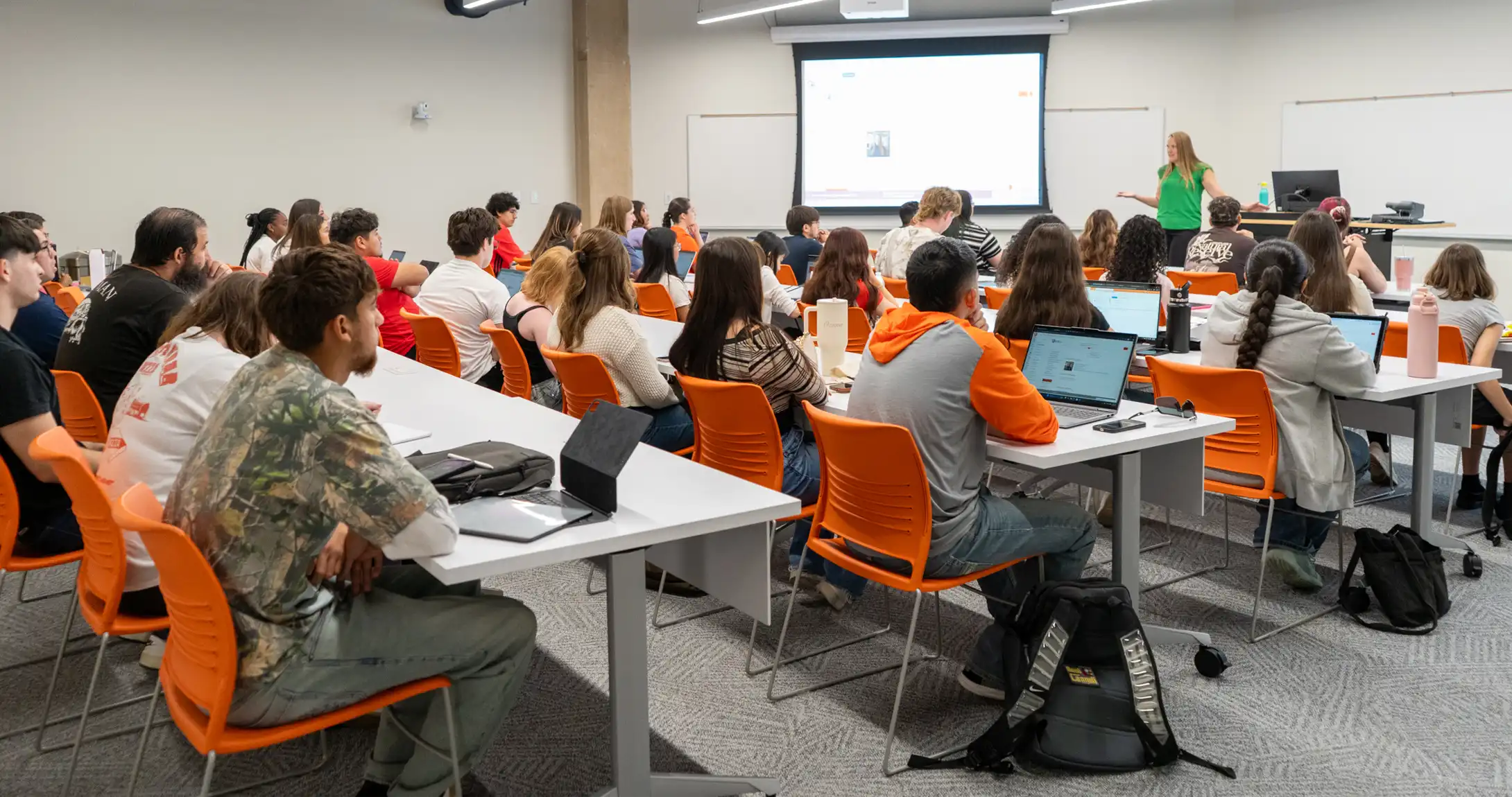 Students sitting in a UTPB classroom learning from a professor. 