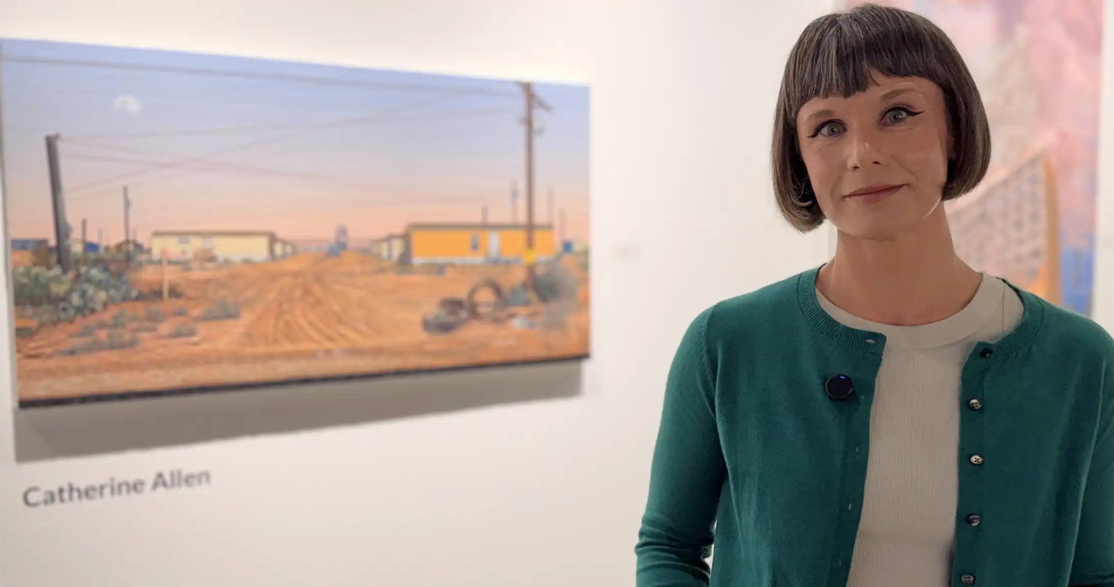 Catherine Allen, UTPB alum, with her artwork featured at Nancy Fyfe Cardozier Gallery.