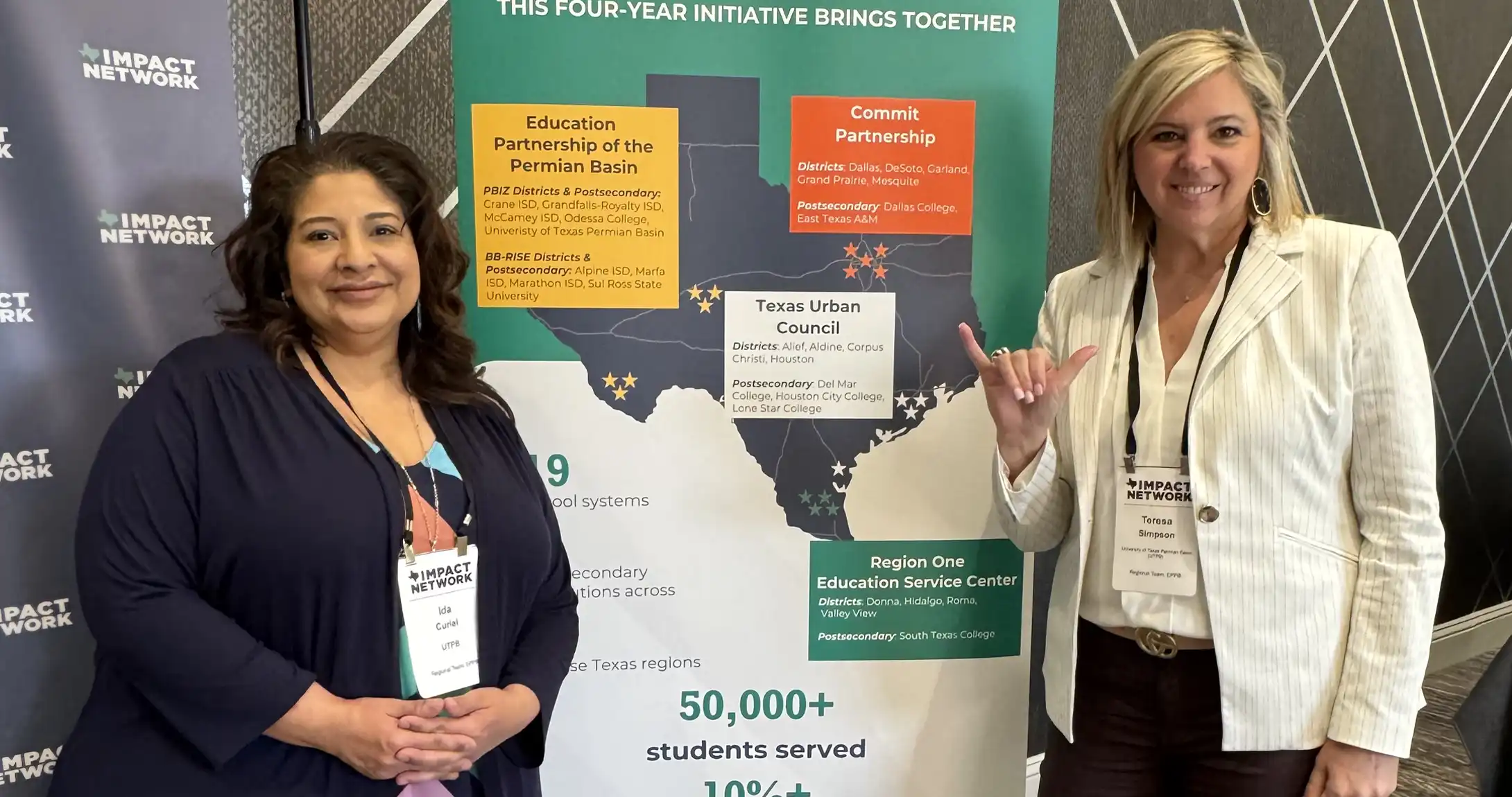 Idajean Curiel, left, and Teresa Simpson, right, representing UTPB at the Gates Foundation Collaborative meeting. 