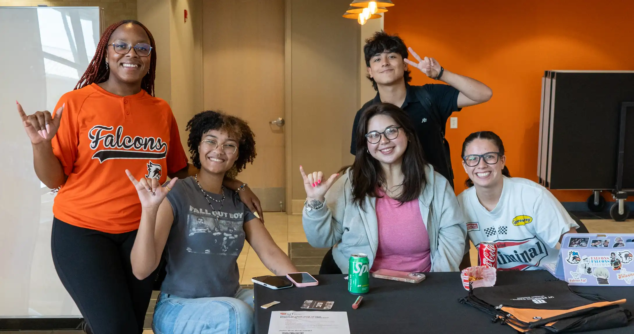 A group of five students posed for a photo on the first day of class. 