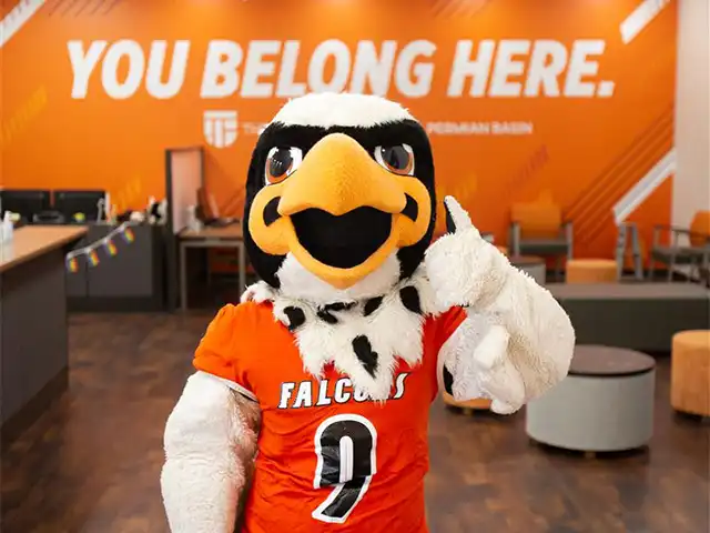 Freddy Falcon in the Welcome Center