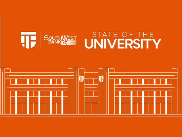 State of the University Backdrop image - outline of Mesa Building with UTPB logo