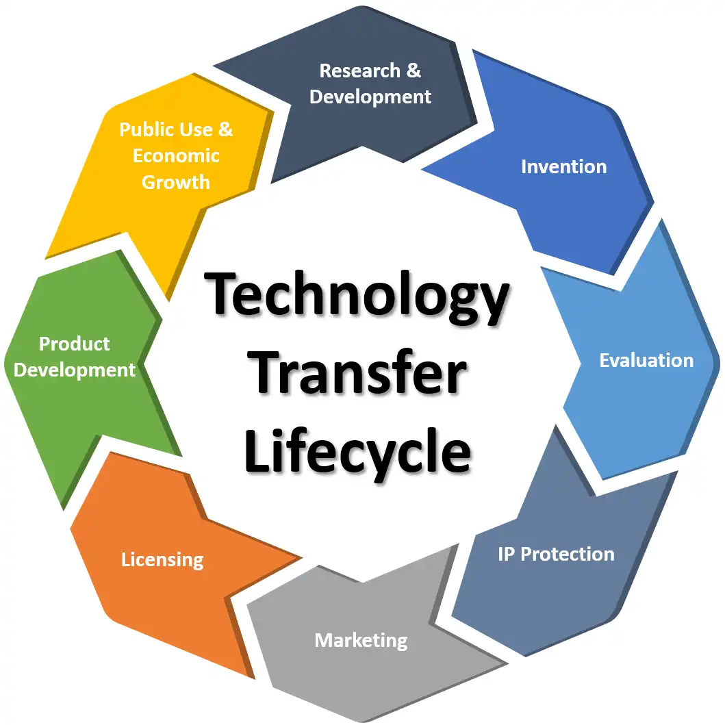 Colorful circular diagram titled 'The Technology Transfer Lifecycle' showing stages: Research & Development, Invention, Evaluation, IP Protection, Marketing, Licensing, Product Development, and Public Use & Economic Growth.